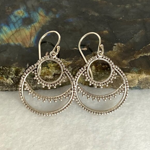 Sterling Silver 925 ATI ID 1.5" Round Bali Bead Style Dangle Earrings - Picture 3 of 16